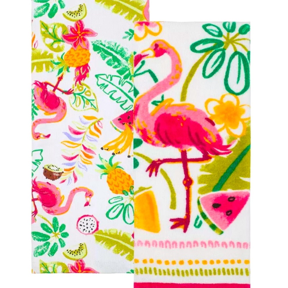 Set of 2 Pink Flamingos & Tropical Fruits Flowers Kitchen Towels Bright Colors